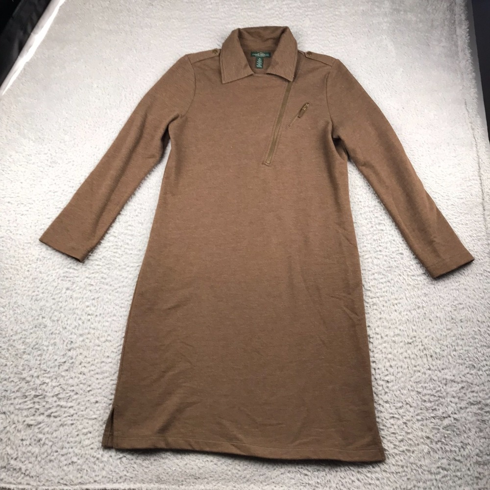 LRL Ralph Lauren Moto Zip Neck Sweater Dress Womens M Brown Knit Long Sleeve